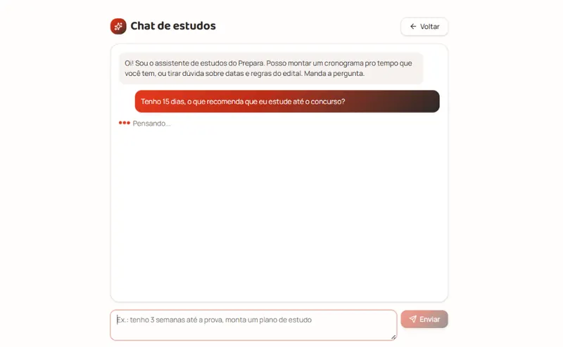 Tela de Chat IA para seu plano de estudos na plataforma Prepara!