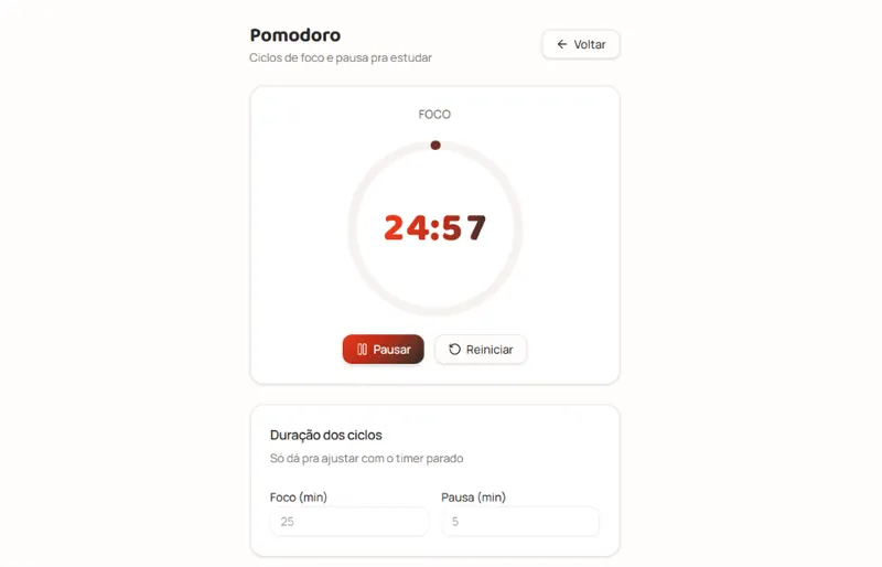 Tela de Pomodoro integrado na plataforma Prepara!