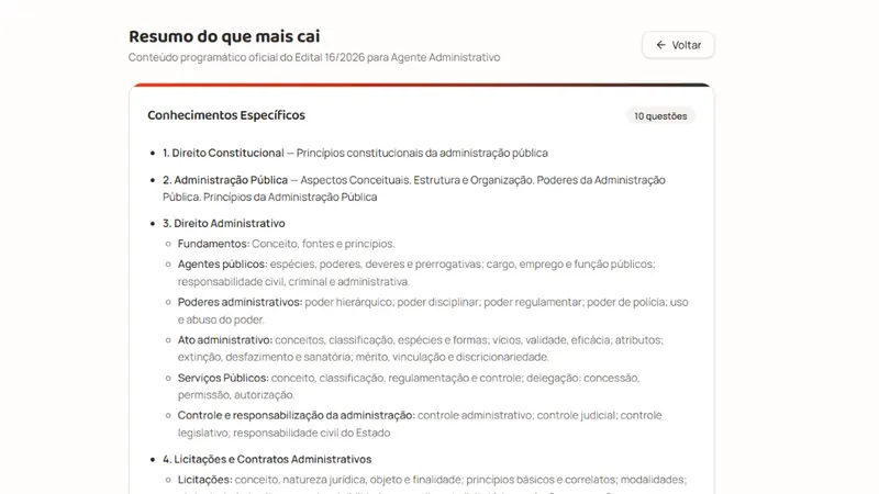 Tela de Resumo do que mais cai na plataforma Prepara!