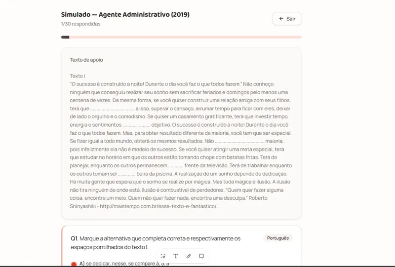 Tela de Simulados com questões reais na plataforma Prepara!