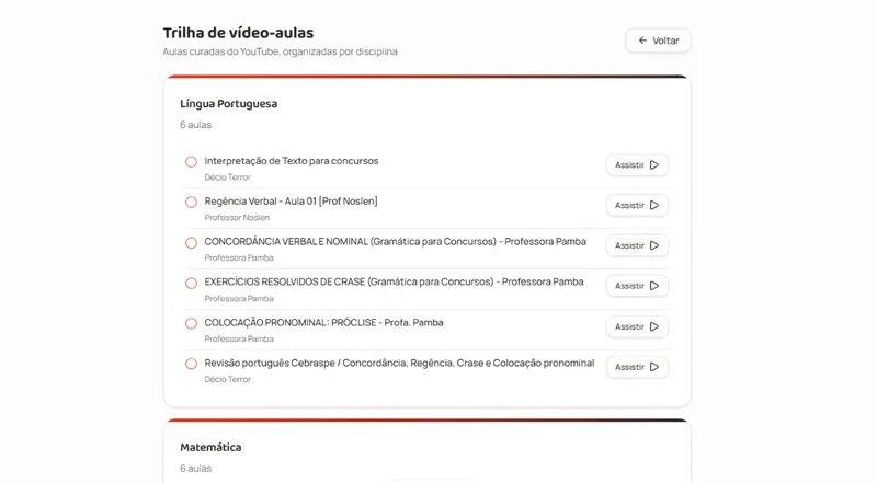 Tela de Trilha de vídeo-aulas na plataforma Prepara!